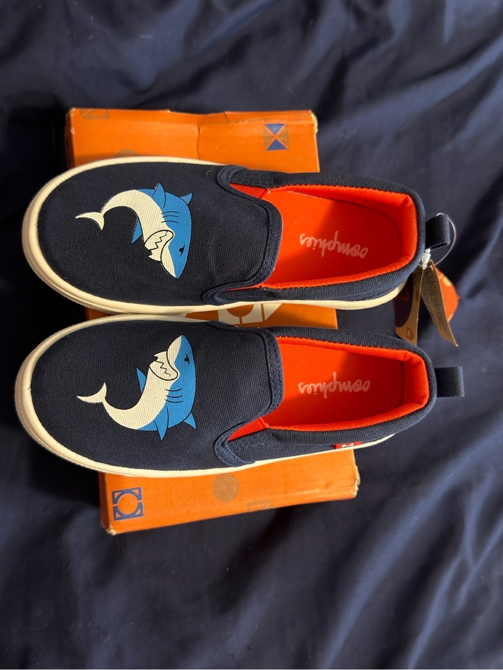 oomphies Navy Blue Shark Slip-On Sneakers with Orange Lining